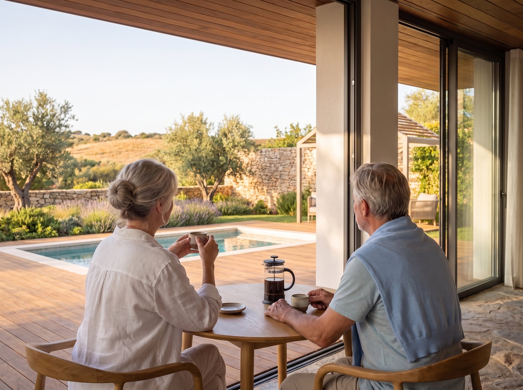 Couple having morning coffee on the terrace overlooking the garden