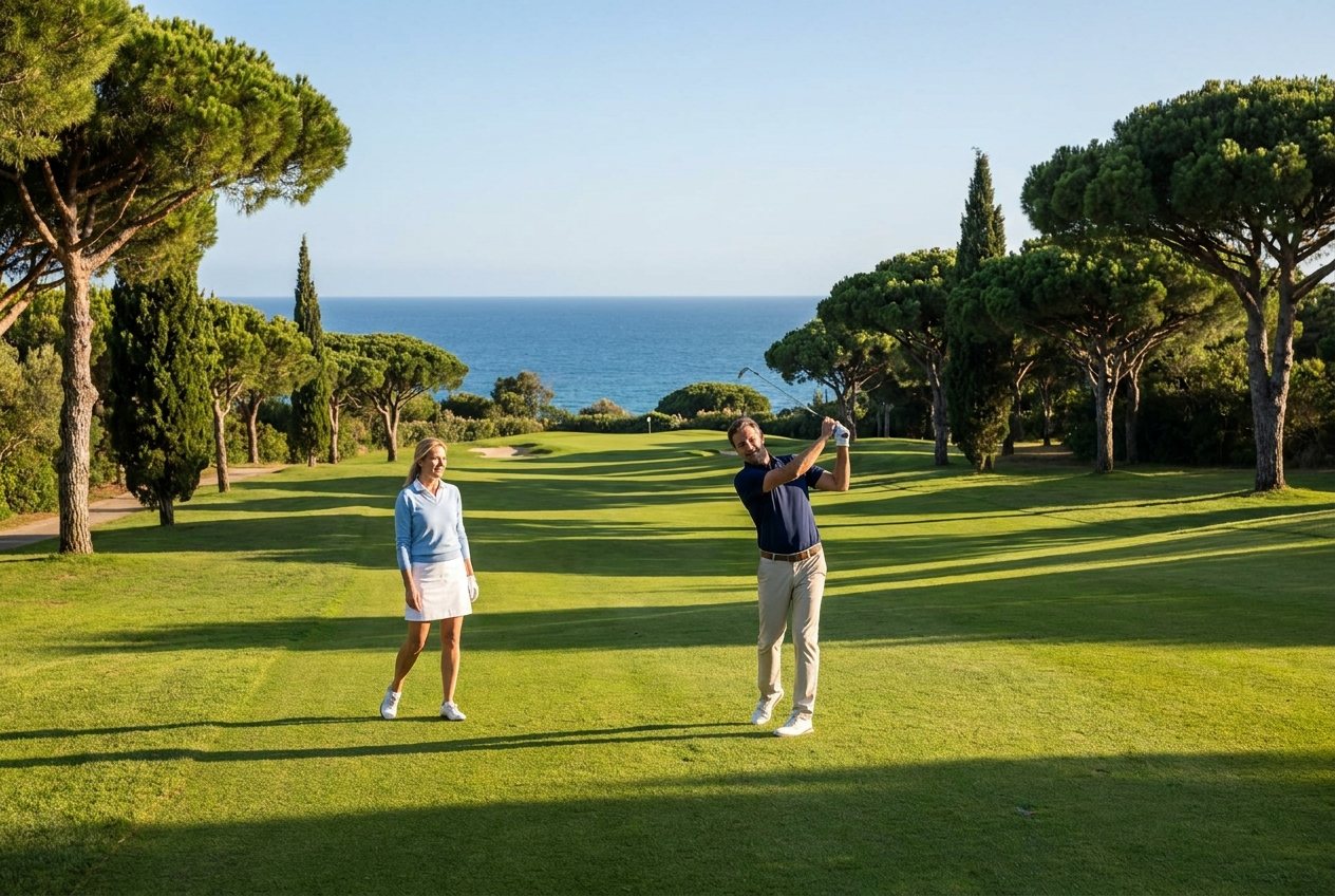 Paar beim Golfspielen mit Blick auf das Meer an der Algarve