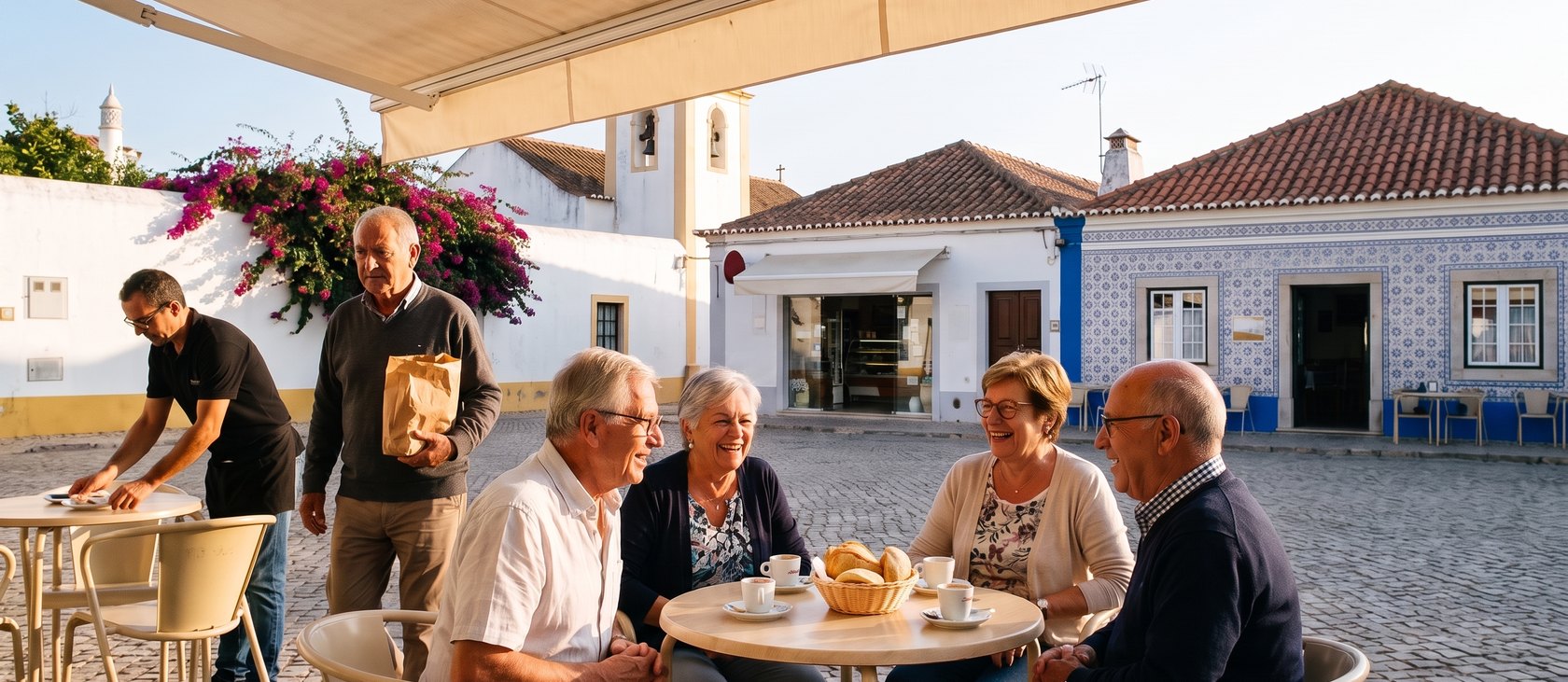 Café terrace, bakery and restaurant in the center of an Algarve village, illustration