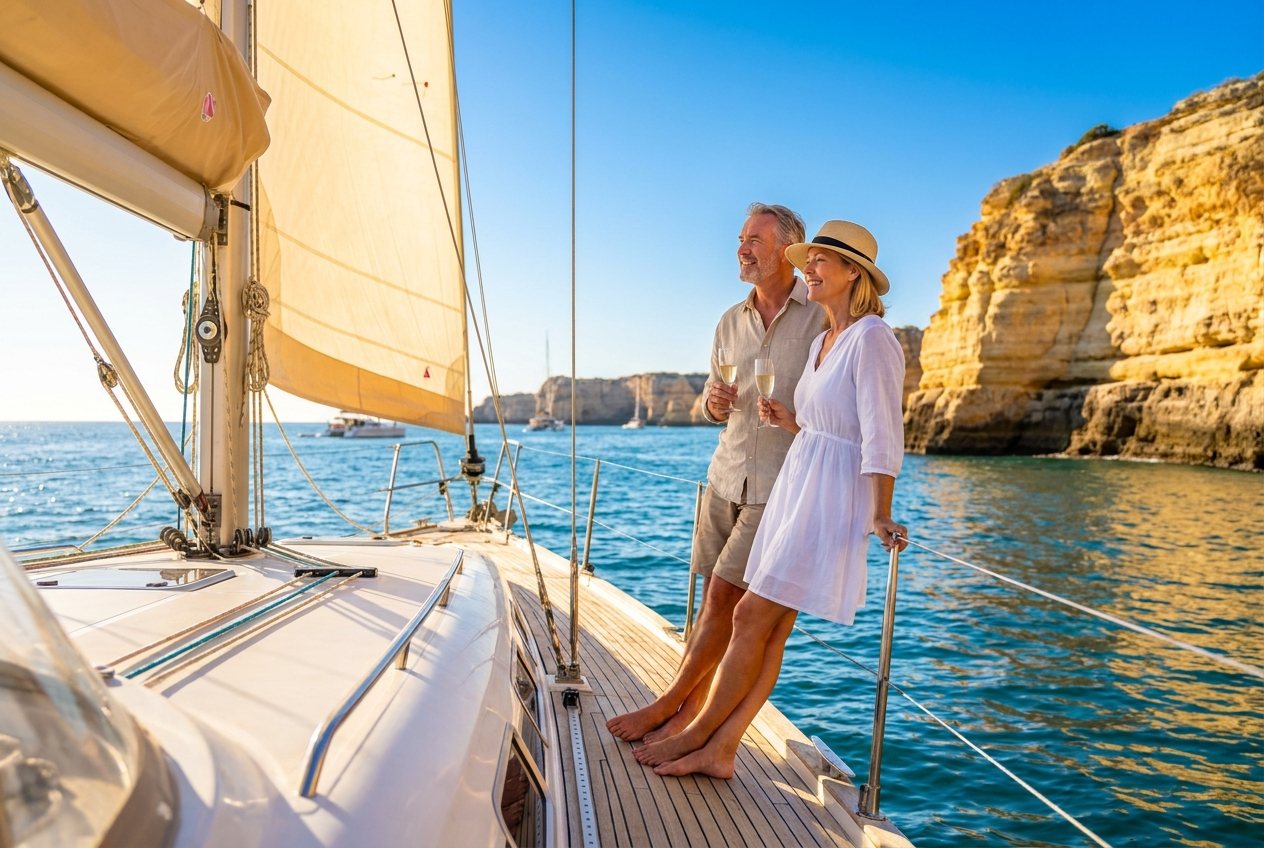 Paar auf einem Segelboot vor der Felsküste der Algarve