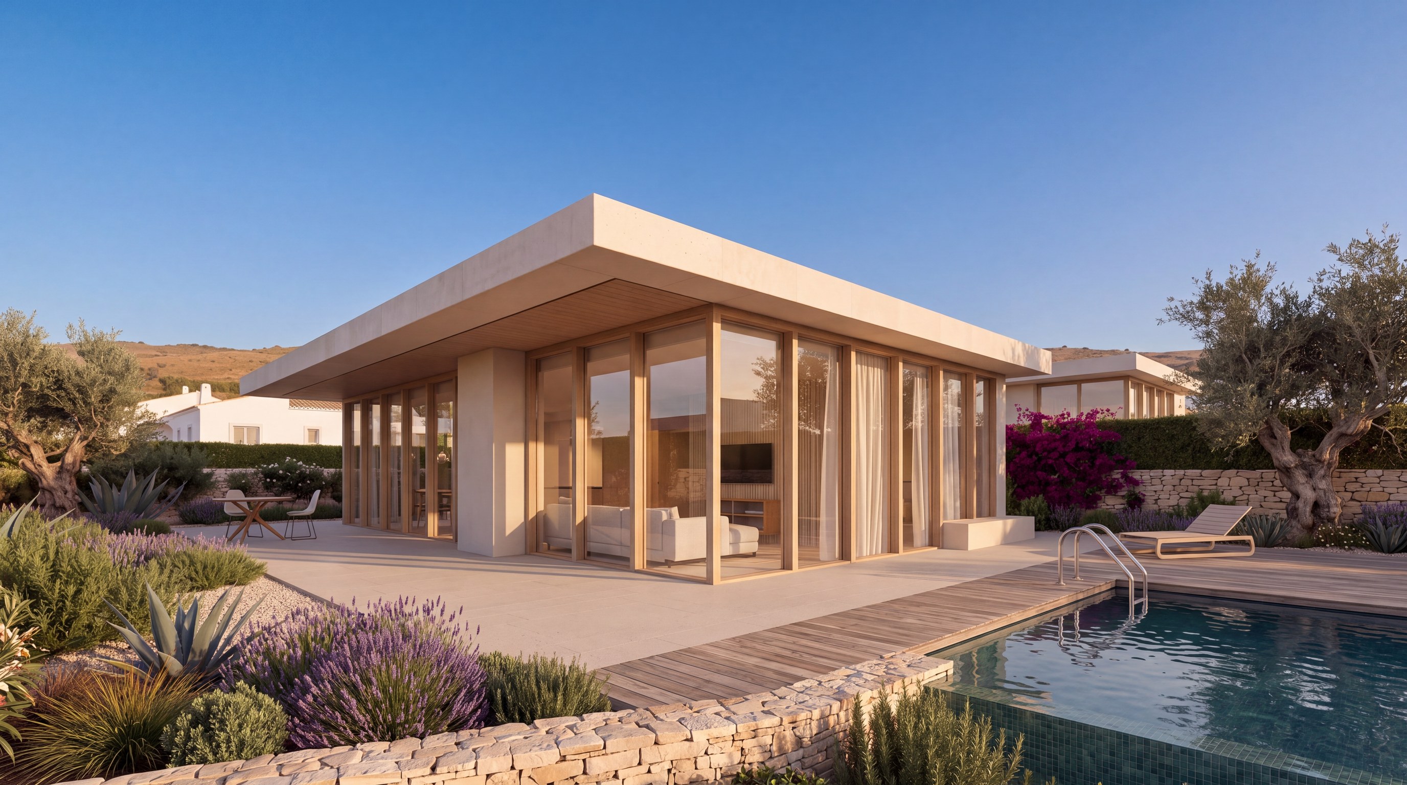 Town House Elegance with floor-to-ceiling glazing, pool and olive tree in evening light